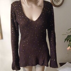 Brown cachmere Sequin V-Neck Sweater, Sixe M.